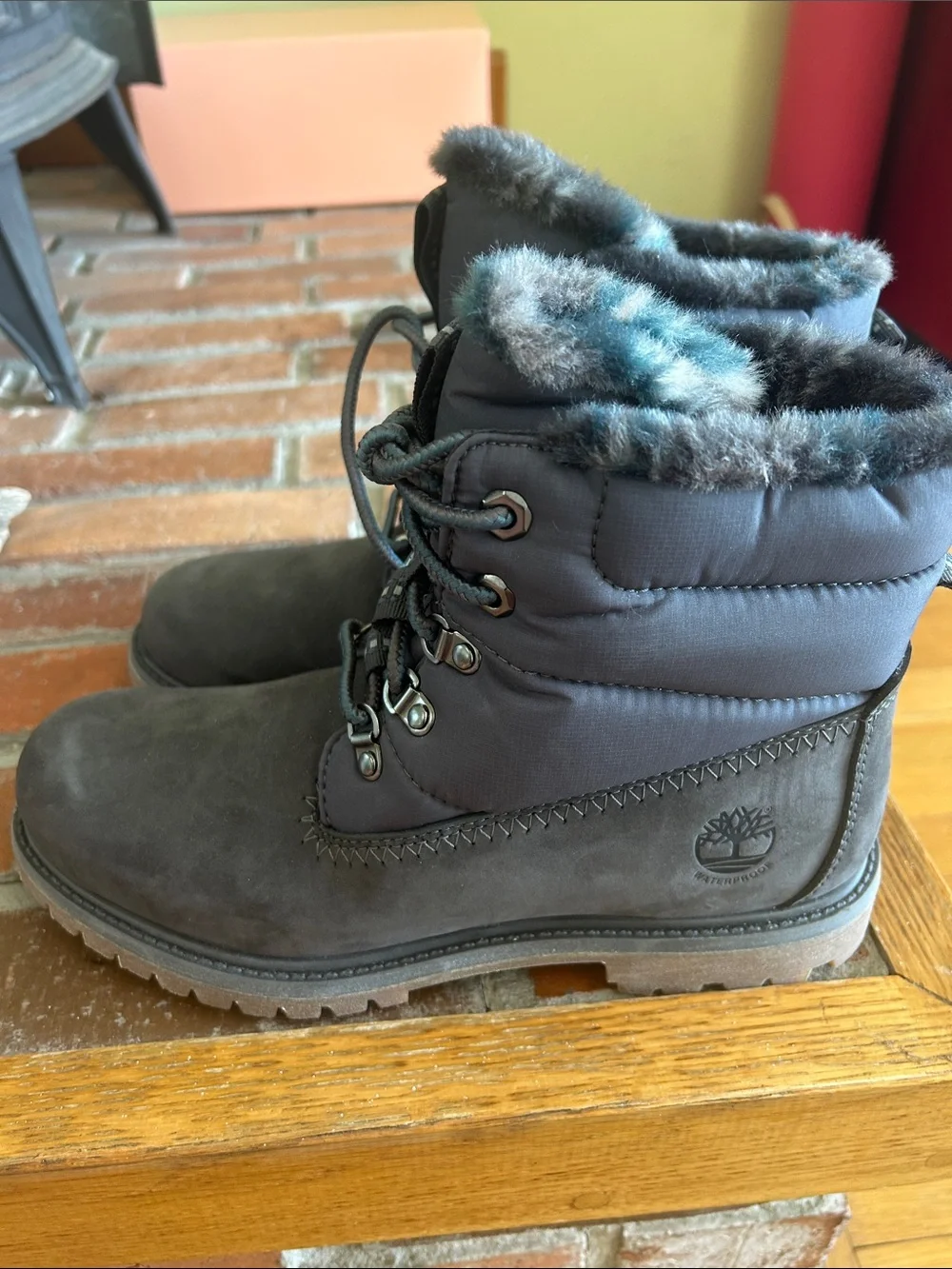 Timberland Grey Fur-Trim Lace-Up Winter Boots